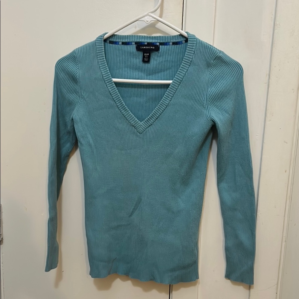 Lands' End Blue V-Neck Sweater Ribbed Knit